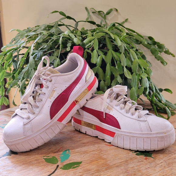 Puma 385142-01 Big Kids Size 6C Mayze Glitz Platform Sneakers White Gold Red - Picture 1 of 10